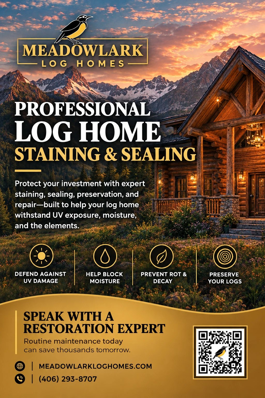 Meadowlark log home staining and sealing mailer flyer