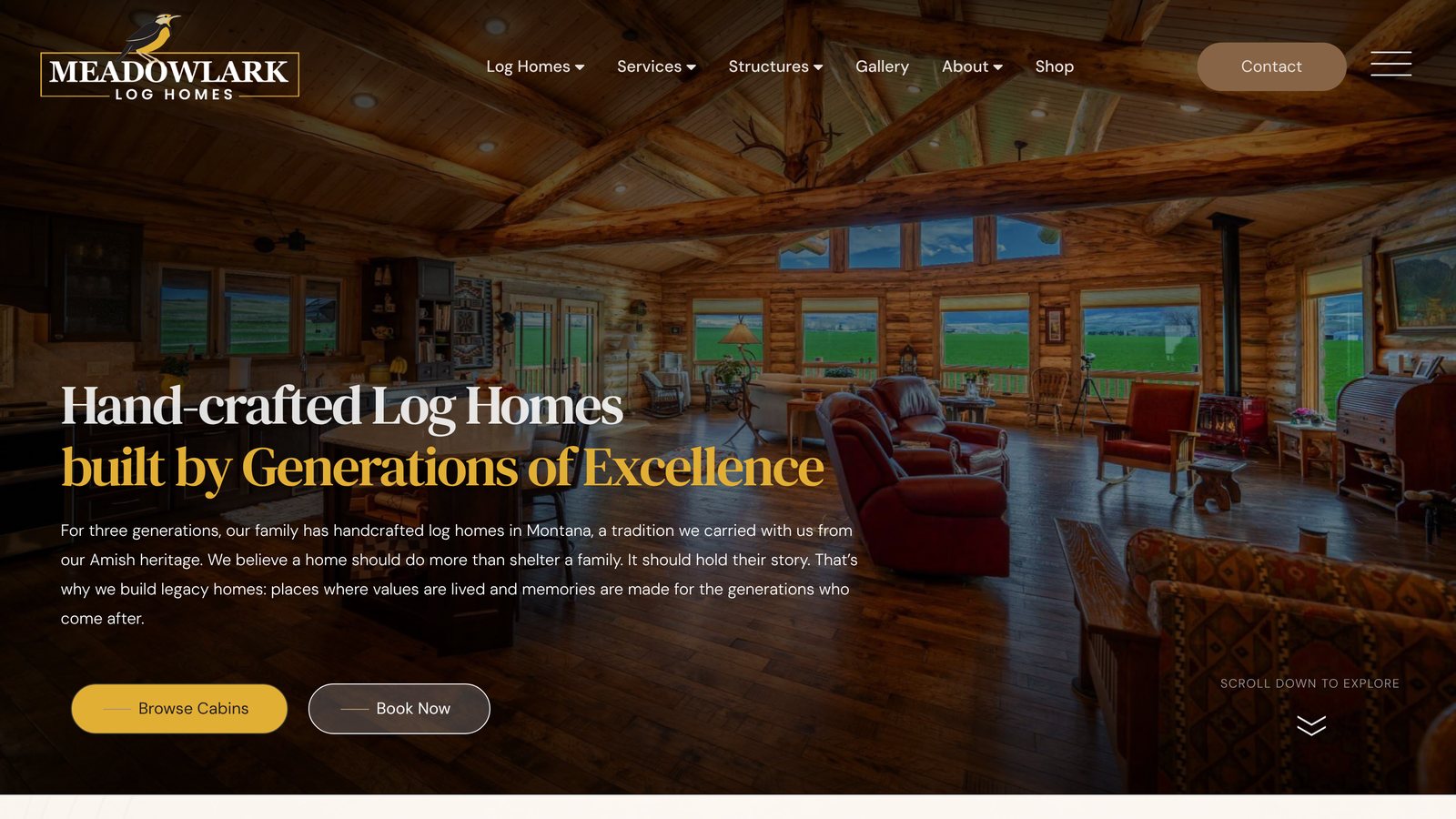 Meadowlark Log Homes website homepage