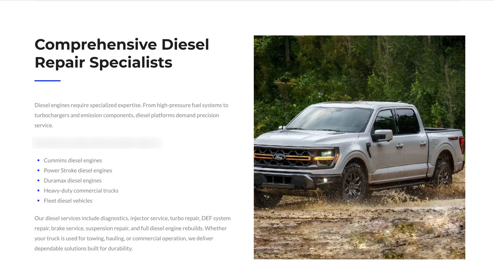 Client diesel repair section, identifiers obscured